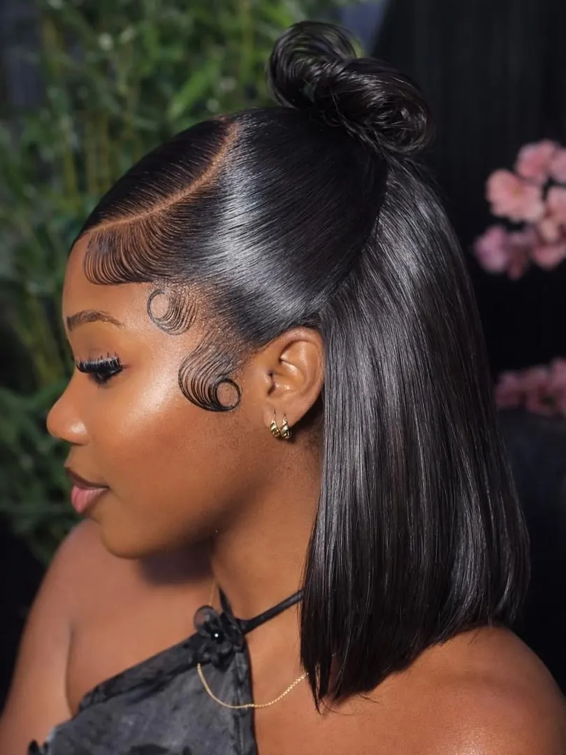 Half-up half-down bob with swooped baby hair