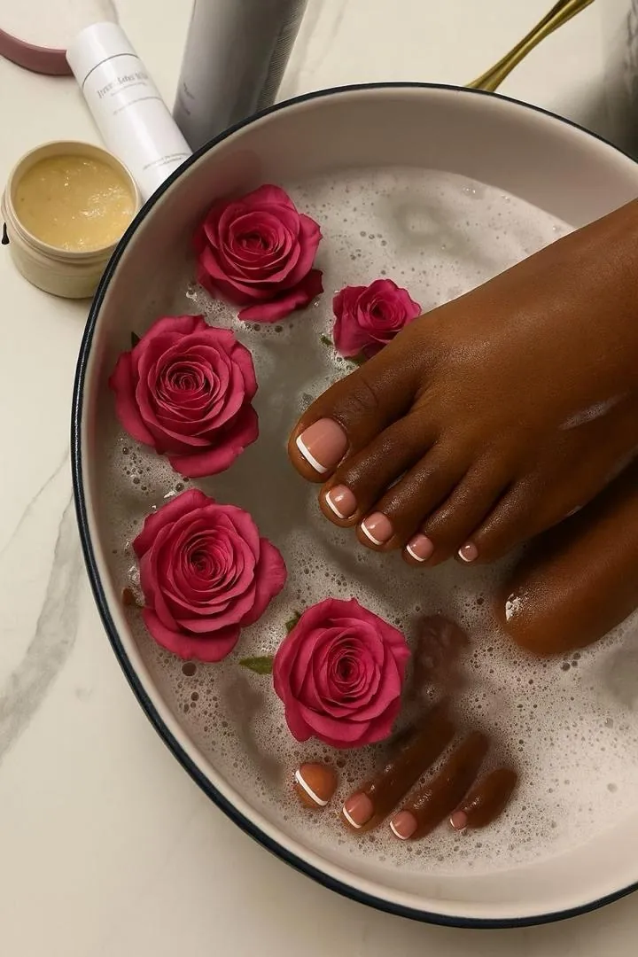 Rose petal foot ritual prepared for a private pedicure session